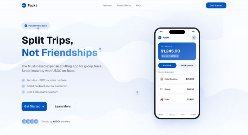 Landing & App Mockup - Packt - Web3 Base Mini-App Travel Expense Split App