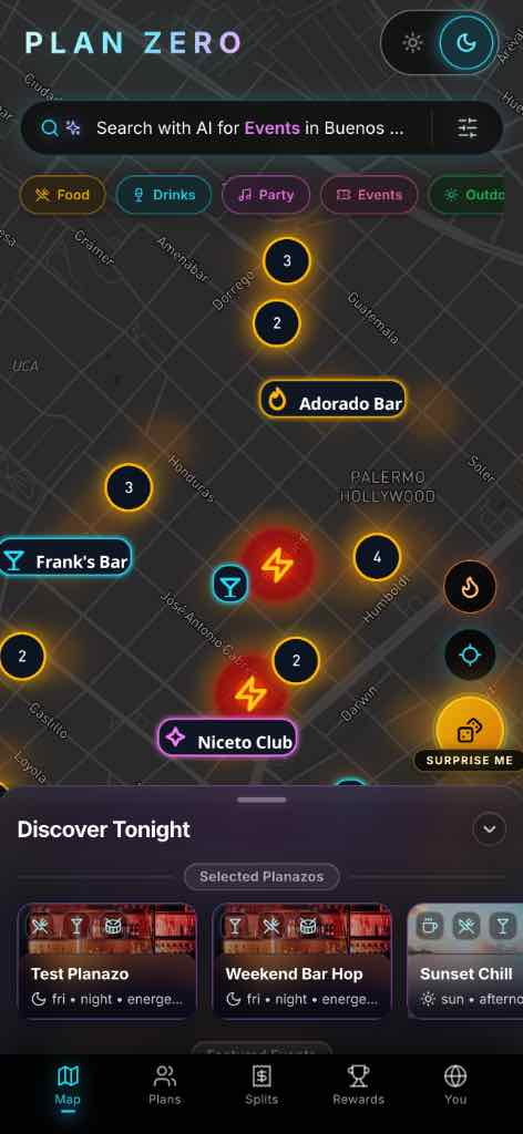 Plan Zero foodie discovery app interface showing the map and personalized discovery experience